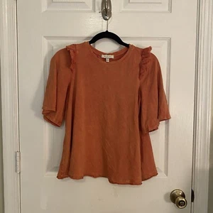 Eri + Ali Anthropologie Women's Ruffle Elbow Sleeve Shirt Orange Size XS Boxy - Picture 1 of 18