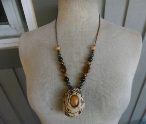 Tagua Secret Pipe Tiger Eye Inlay Jade Gemstone Beads Pearls Adjustable Necklace - Picture 1 of 13