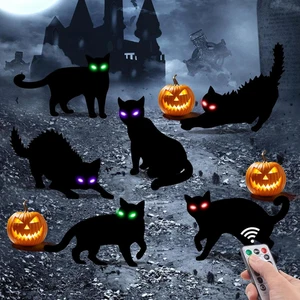 6er Pack Schwarze Katze Halloween Deko Außen mit LED leuchtenden Augen Lichter Schwarz - Bild 1 von 12