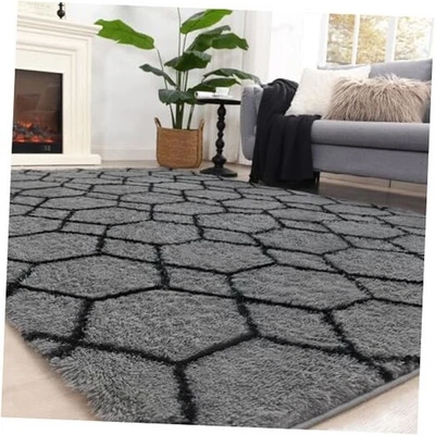 Alfombra de área 6x9 para sala de estar, alfombra mullida gris para dormitorio, pelusa geométrica suave  Foto 1 de 4