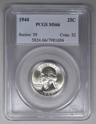1944 Washington Quarter PCGS MS66 Choice Gem Uncirculated 90% Silver Coin - Image 1 of 2