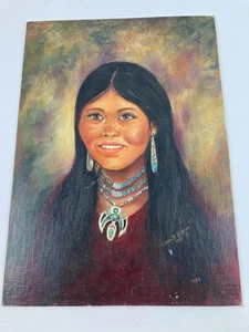 Oil Painting Young Woman Girl Wearing Native American Jewelry Signed Damaged - Picture 1 of 8