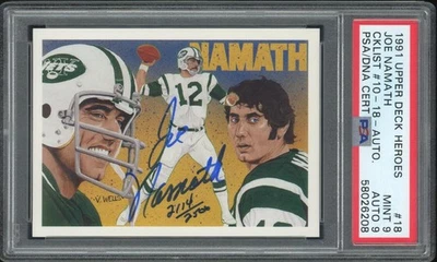 1991 Upper Deck Heroes Joe Namath PSA 9 Auto 9 /2500 - Image 1 of 2
