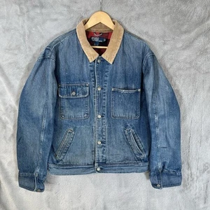 Vtg Ralph Lauren Polo Jacket Adult XXL Denim Corduroy Collar / Red Flannel Lined - Picture 1 of 17