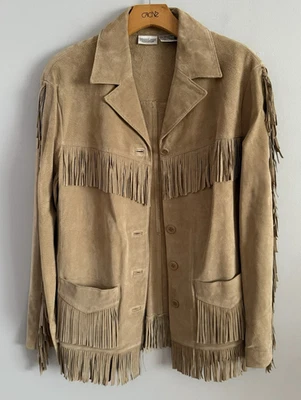 Jaqueta boho ocidental vintage Newport News 100% couro camurça acabamento franja tamanho M - Imagem 1 de 4