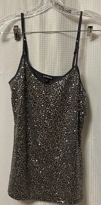 Camiseta sin mangas Express plateada con lentejuelas negra camisola talla M Mcbling Foto 1 de 4