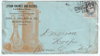RARE Advertising Graphic Postal Cover- Chas. Willard Steam Engines Chicago 1880s - Image 1 of 2
