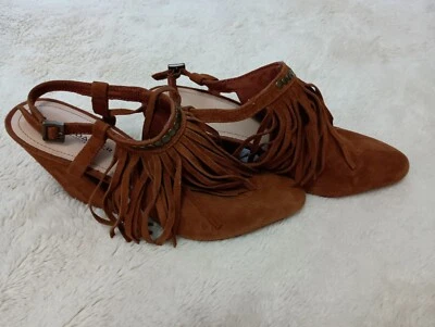 Kelsi Dagger Brooklyn Fringe Suede Leather Brown Chunky Heels Size 8  - Image 1 of 4