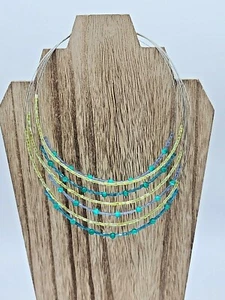 Green, Blue & Yellow Multi-strand Seed Bead Illusion Necklace w Cats Eye Accents - Picture 1 of 8