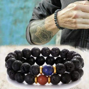 10 mm Schwarz Lavagestein Perlen Armbänder Heilung Reiki Balance Lapislazuli Armreif - Bild 1 von 22