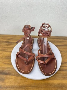 Womens Cognac Leather Strap Gladiator Flat Sandals Handmade in Italy Size 7 - Picture 1 of 14
