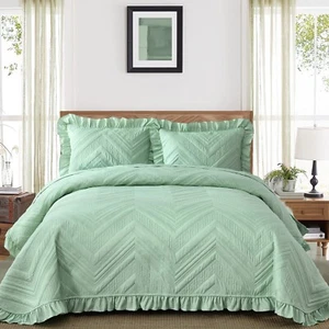 3PCS Embossed Bedspread Set Quilted Coverlet Queen King Size Bed Green Ruffled - Picture 1 of 9