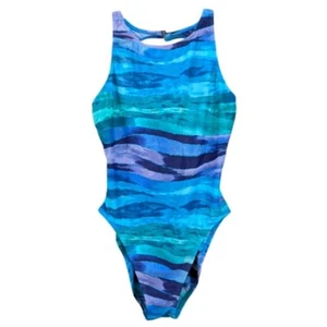 Suitable Solutions? Swimsuit Womens 12 Blue Purple Watercolor Stripe One Piece - Picture 1 of 11