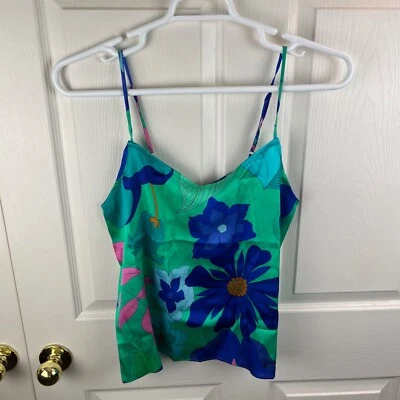 Nuevo Nuevo con etiquetas Camiseta sin mangas Tucker de seda retro floral pequeña S verde azul para mujer Foto 1 de 4