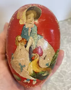 ANTIQUE 5” GERMANY PAPER MACHE EASTER EGG MAIDEN DOLL ROOSTER BRIGHT RED + GRASS - Picture 1 of 16