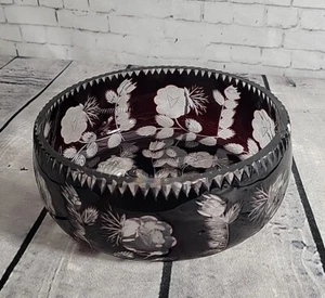 Antique Bohemian Ruby Cut to Clear Lead Crystal Bowl 7.5" Diameter Very UNIQUE - Picture 1 of 12