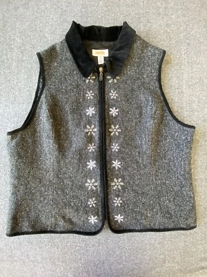 Chaleco Talbots para Mujer XL Negro Copos de Nieve Lana Mezcla de Seda Tweed Herringbone Holiday Foto 1 de 4