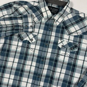 Cody James Pearl Snap Shirt Men's L Teal Black Plaid Cowboy Rodeo Flap Pockets - Picture 1 of 9
