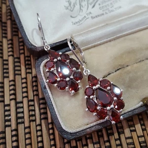925 Sterling Silver Earrings, Genuine African Red Garnet Gemstones Dangle - Picture 1 of 6