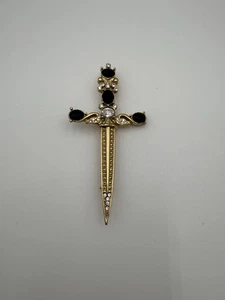 Vintage Gold-tone Rhinestone And Black Faceted Stone Detailed Sword Brooch 3.25" - Picture 1 of 2