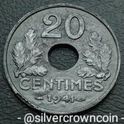France 🇫🇷 20 Centimes 1941 A. KM#900.1. Zinc Holed 20 Cents coin. WWIl. - Image 1 of 4