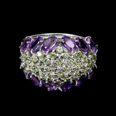 Anel de prata esterlina 925 oval ametista peridoto pedra preciosa natural joia tamanho 8 - Imagem 1 de 4