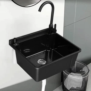 Plastic Wall-Mounted Utility Sink with Wall Bracket, Hot&Cold Faucet, Drain Plug - Picture 1 of 20