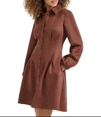 Kenzie Suede Collar Neck Long Sleeve Button Front Pleated Mini Dress Size 10 - Image 1 of 4