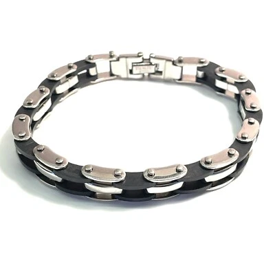 Stainless Steel Bracelet for Men with Black Rubber WITH FREE POUCH - Image 1 of 3