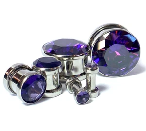 PAIR Large Purple Gem Screw Fit Tunnel Plugs Gauge Pierced Body Jewelry Piercing - Picture 1 of 11