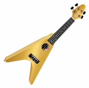 Ukulele Soprano Acustica Design Heavy Flying-V Corpo Uke in Legno Tiglio Oro - Foto 1 di 5