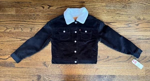 Levi’s Girls Black Sherpa Lined Baggy Corduroy Trucker Jacket US Youth Large NWT - Picture 1 of 4
