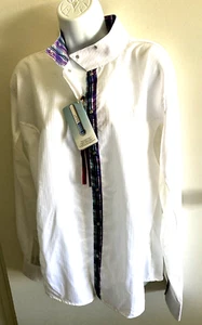 Equine Couture XL Women's Amber Show Shirt White Stripe w/Purple Plaid Trim NWT - Picture 1 of 11