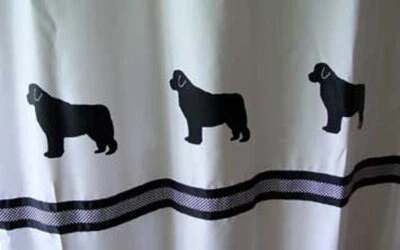 Newfoundland Dog Fabric Shower Curtain White with black Newfies and ribbon SALE - Image 1 of 4