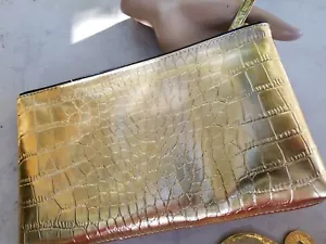 NEW AUTH ESTEE LAUDER GOLDEN CROCODILE PRINT CLUTCH FX Leather MAKE UP Bag PURSE - Picture 1 of 12