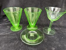 VTG 4 Pc Lot Green Uranium Glass Iced Cone Shaped 5.5" Tumbler Wine Glass 4"Dish