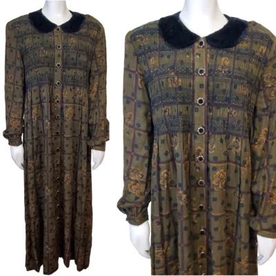 Vestido modesto manga larga cuello terciopelo cottagecore a cuadros floral oscuro años 90 de colección 12 Foto 1 de 4