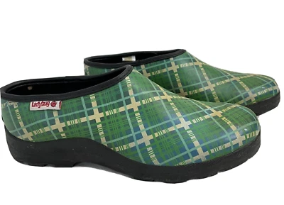 Ranger Ladybug Garden Clogs Women's Size 10 Rain Shoes Lined Green Plaid Rubber - Image 1 of 4