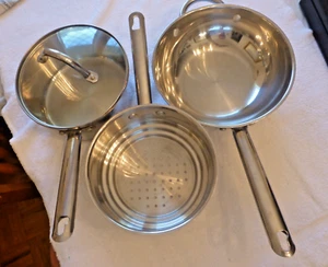 Wolfgang Puck 3 QT saucepan w/glass lid & steamer cafe collection 18-10 &frypan - Picture 1 of 17