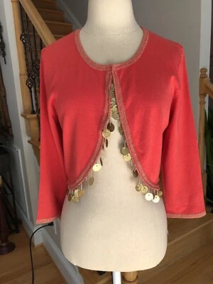 САХАР ВЯЗАНЫЕ ~ вискоза урожая кардиган монета бахрома - коралловый оранжевый (M) новый с Ярлыками ~ изящный - Изображение 1 из 4