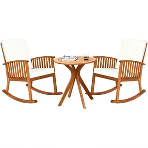 3PCS Patio Rocking Chair Set Round Table Solid Wood Cushioned Sofa Garden Deck - Picture 1 of 9