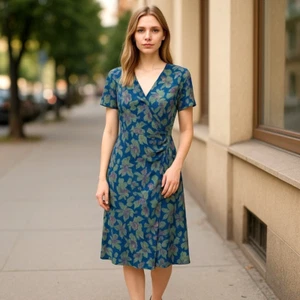Soft Surroundings Giselle Kleid blau grün geblümt Gr. L Faux Wickel Neu Fehler - Bild 1 von 11