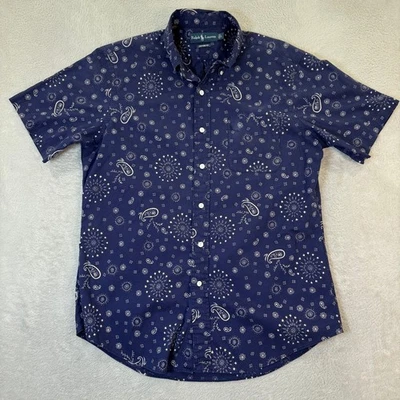 Ralph Lauren Custom Fit Mens Large Navy Paisley Short Sleeve Button Down Shirt - Image 1 of 4