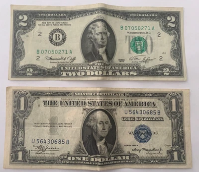 $2 Bicentennial Bill 1976 Series and $1 1935 A Series both Circulated Very Fine - Image 1 of 2