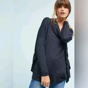Anthro Postmark Orley Ribbed Knit Metallic Ruffle Cowl Neck Sweater in Navy Blue - Picture 1 of 9