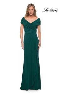 LA FEMME Size 12 Green 26519 Ruched V-Neck Jersey Formal Gown Cocktail Dress New - Picture 1 of 10