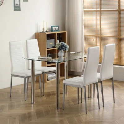 5 Piece Dining Set Glass Top Table and 4 Upholstered Chairs Kitchen Furniture - Image 1 of 4