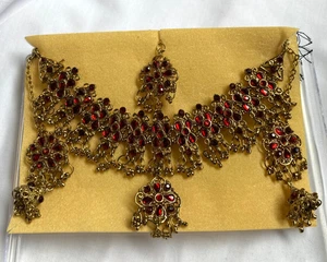 Indische Kundan Braut Rubinrot Halsband Halskette Ohrring Handarbeit Bollywood Hochzeit - Bild 1 von 6