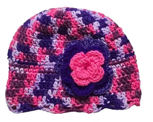 Vtg Crochet Handmade Flower Hat Beanie Women’s OS Purple Pink Knit NEW - Picture 1 of 5