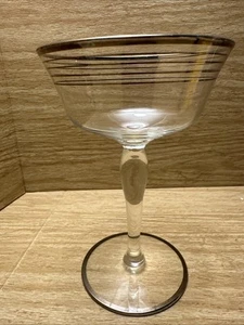 1 Mid Century Modern Platinum Trim Paneled Wine Glass Clear 4 Banded Lines VTG - Picture 1 of 10